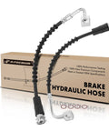 Front Brake Hydraulic Hose for Dodge Grand Caravan 2008 Through 2012 and 2018 Through 2020, Town and Country 2008 Through 2012, Ram CV 2012 Through 2015, and Volkswagen Routan 2009 Through 2014 Two Piece Set Direct Fit OE Style displayed with packaging.