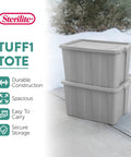 Tough As Nails 30 Gallon Storage Bins With Secure Lids Heavy Duty Plastic Totes Set Of 8 stacked on pavement in winter.