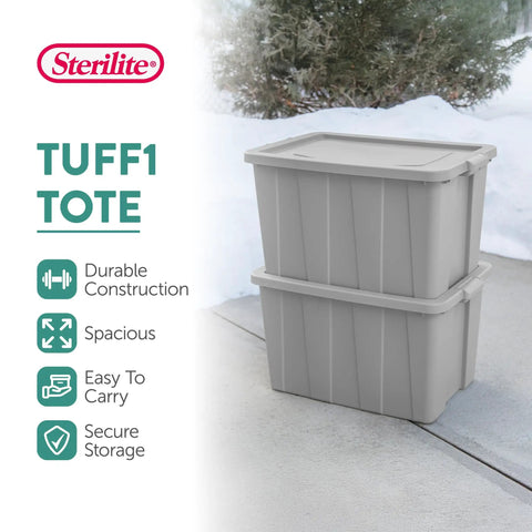 Tough As Nails 30 Gallon Storage Bins With Secure Lids Heavy Duty Plastic Totes Set Of 8 stacked on pavement in winter.