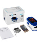 Fingertip Pulse Oximeter With Batteries Included For Quick SpO2 And Pulse Rate Readouts, Large LED Display, Navy Blue, Built For Athletes, Travelers, Climbers, Runners And Everyday Health Enthusiasts. Blue fingertip pulse oximeter with box, batteries, manual, and lanyard.