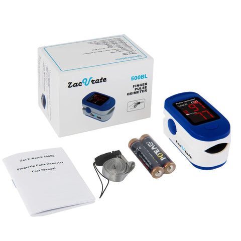 Fingertip Pulse Oximeter With Batteries Included For Quick SpO2 And Pulse Rate Readouts, Large LED Display, Navy Blue, Built For Athletes, Travelers, Climbers, Runners And Everyday Health Enthusiasts. Blue fingertip pulse oximeter with box, batteries, manual, and lanyard.