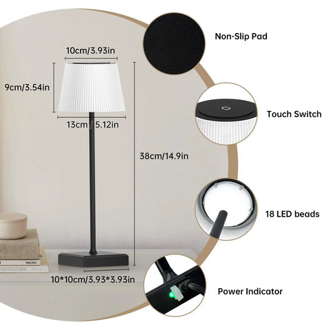 Cordless Rechargeable Table Lamp With USB Charging, Touch Dimmer, 3 Color Modes, Wireless Modern Lamp features and dimensions