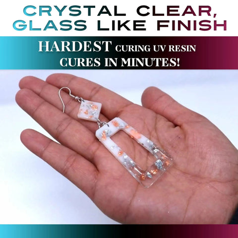Crystal Clear UV Resin For Coating And Casting DIY Projects Jewelry And Keychains Do It Yourself Friendly Epoxy That Cures Hard With No Sticky Residue Ideal For Small Crafts shown in cured clear earring.