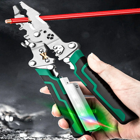 Pro Grade Badass Heavy Duty Foldable Wire Stripper And Multi Function Crimper in hand, steel alloy, 215mm, for tough wiring jobs.