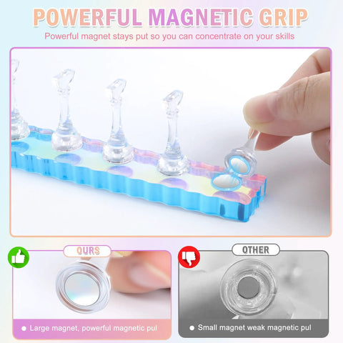 Hand placing magnet on Heart Shaped Magnetic Nail Stand Set For Press Ons, Acrylic Nail Holders For Nail Art Display.