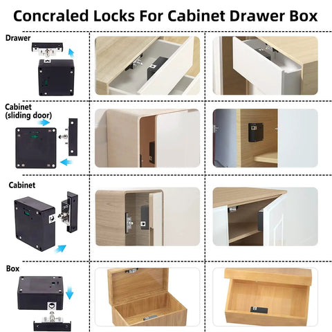 Bluetooth Drawer Lock For Cabinets With RFID And NFC, hidden magnetic locks installed on wooden drawers and cabinets in various settings.