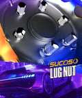 Illustrative image of chrome lug nuts with a futuristic car background. Highlighting top view of lug nuts arrangement.