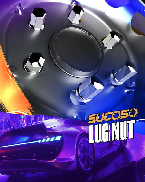 Illustrative image of chrome lug nuts with a futuristic car background. Highlighting top view of lug nuts arrangement.