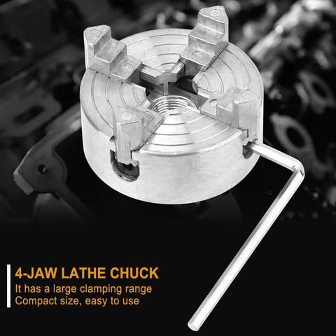 Heavy Duty 4 Jaw Independent Metal Lathe Chuck With Thread Mount Replacement Accessory For Mini Lathes top view displaying jaws and adjustment tool.