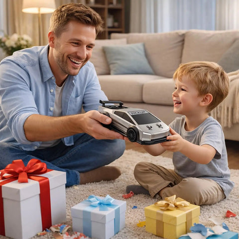 Father and son with Dope 1 To 24 Scale 4WD RC Drift Pickup Car With Two Sets Of Drift And Off Road Tires High Low Speed 2 4GHz LED Remote Control Include 2 Batteries Perfect Gift For Boys And Girls Aged 6 To 16, between colorful wrapped gifts.
