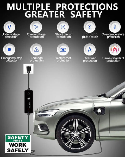 Portable EV Charger 16A 110V To 240V Level 1 And Level 2 NACS And J1772 Compatible Tesla Ready shown with car