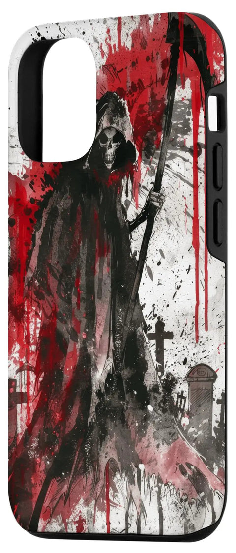Gothic Grim Reaper Scythe Themed iPhone 12 And 12 Pro Case, blood splatter design, dual layer polycarbonate and TPU, drop proof, USA made