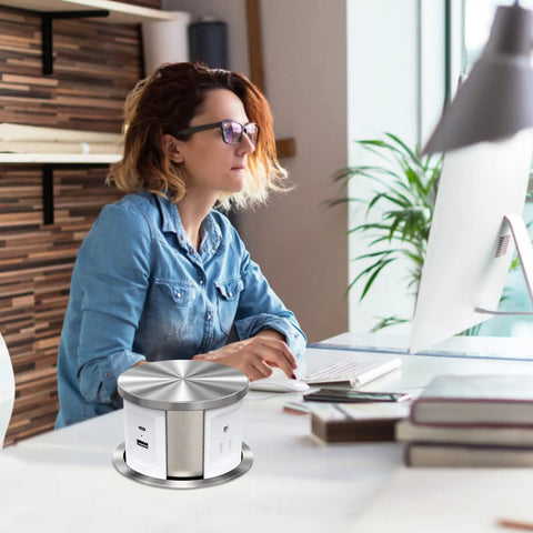Dope Pop Up Countertop Outlet With Auto Retractable Design Three AC Outlets Plus USB A And USB C Ports on office desk