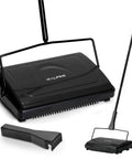 Grab And Go No Sweat Manual Sweeper For Carpets Hardwood And Rugs Triple Brush Picks Up Pet Hair Dust And Crumbs Instantly Smooth Cleanup Zero Cord Drama Needed Improved Black on a white background.