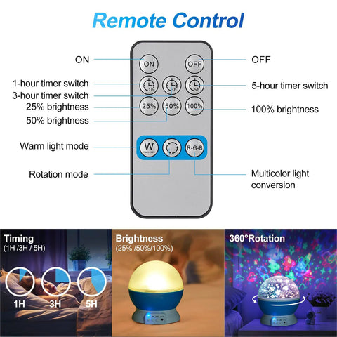 Remote control and settings for 360 Degree Rotating Star Projector Night Light For Kids With USB Cable, 4 LEDs And 8 Color Modes