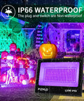 2 Pack 120W LED Black Light Flood Light With Plug And Switch IP66 Waterproof Outdoor Spotlight illuminating Halloween setup