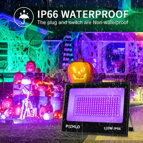 2 Pack 120W LED Black Light Flood Light With Plug And Switch IP66 Waterproof Outdoor Spotlight illuminating Halloween setup