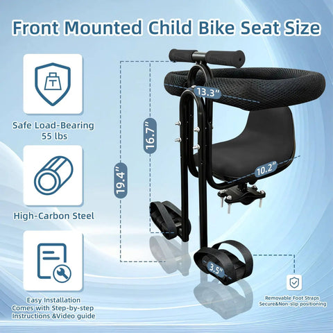 Front Mounted Child Bike Seat For Adult Mountain Bikes With Full Guardrail And Foot Pedals Adjustable Height Size Details