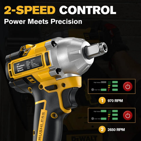 Close-up of Heavy Duty Brushless Cordless Impact Wrench With 500 Nm Torque And 369 Ft Lbs showing 2-speed control settings.