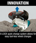 Close-up of Beast Mode Brushless 18V LXT Cordless Angle Grinder with X LOCK feature, highlighting quick-change system.