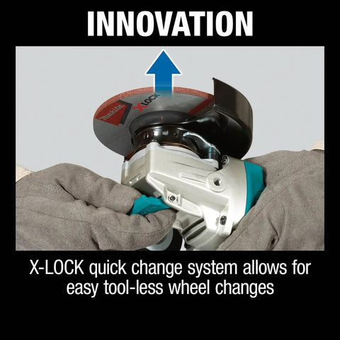 Close-up of Beast Mode Brushless 18V LXT Cordless Angle Grinder with X LOCK feature, highlighting quick-change system.