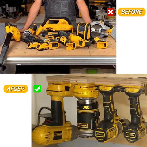 Heavy Duty Tool Holder And Battery Mount Wall Organizer Kit for 20V And 60V Cordless Tools installed under workbench