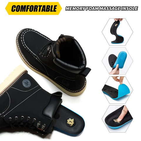 Rugged 6 Inch Moc Toe Steel Toe Work Boots For Men Waterproof Leather Slip Resistant Outsole And Safety Boots Built For Construction Jobs Durable Western Style Black Shoes For Tough Days US Size 9.5 with memory foam insole detail