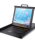 Ace Quality 1U Rack Mount Kvm Console With 17 Inch Lcd Screen Integrated Keyboard And Touchpad opened view with monitor and keyboard.