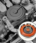 Pleoos PCV valve diaphragm cover repair kit installed in engine bay; inset shows orange diaphragm with metal coil spring.