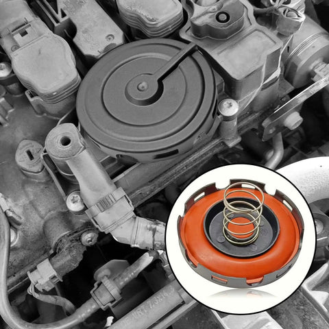 Pleoos PCV valve diaphragm cover repair kit installed in engine bay; inset shows orange diaphragm with metal coil spring.