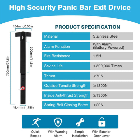 Badass Emergency Exit Panic Bar With Blasting 100 Decibel Siren And Heavy Exterior Door Lever Rock Solid Commercial Access Control Setup Matte Black Finish Comes With Master Keys For Quick On Off Toggling