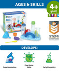 Rainbow Reactions 14 Piece Preschool Science Lab Kit For Kids Age Four And Up With Color Mixing Experiments And Hands On Colorful STEM Activities For Boys And Girls box and tools display.