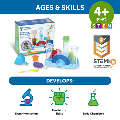 Rainbow Reactions 14 Piece Preschool Science Lab Kit For Kids Age Four And Up With Color Mixing Experiments And Hands On Colorful STEM Activities For Boys And Girls box and tools display.
