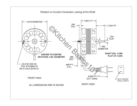 Technical diagram of 3.3 Inch Vent Fan Motor Direct Replacement For Nutone Broan JA2B104N 40933 86933 8693000 86933000 120V 60Hz 1550 RPM CCWSE 2 Prong Shaft One And One Quarter Inch Long Easy Install Plug And Play, showing front and side views with dimensions.