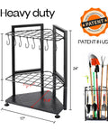 Heavy Duty Corner Garden Tool Rack Organizer showing dimensions, hooks, and tool storage for garage and shed organization.