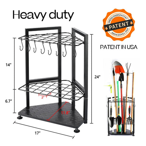 Heavy Duty Corner Garden Tool Rack Organizer showing dimensions, hooks, and tool storage for garage and shed organization.