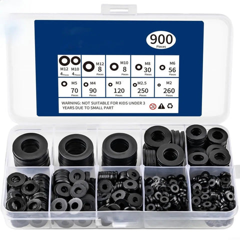All In One Nylon Flat Washer Kit 900 Pcs Black Plastic Gaskets M2 To M10 For Electrical Insulation And Heavy Duty Fastening In Automotive Machinery And Home Improvement DIY Projects. 900-piece black nylon washer kit in organizer case, M2-M12 sizes