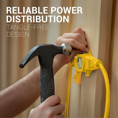 Person securing 50 Ft Heavy Duty Outdoor Indoor Extension Cord With 11 Outlets For Christmas Lights And Yard Decor Weather Resistant