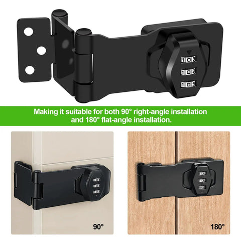 Heavy Duty Password Rotary Hasp Locks 2 Pack Made From Solid 304 Stainless Steel showing 90° and 180° installation options.
