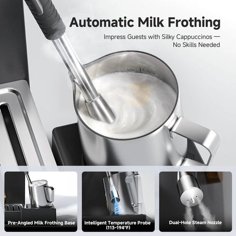 Automatic milk frother detail showing pre-angled base and intelligent temperature probe for the Hassle Free Semi Automatic Espresso Maker.