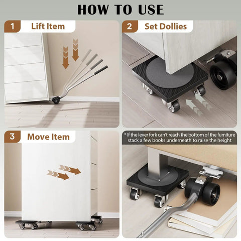Steps showing Heavy Duty Furniture Mover Dolly With 360 Degree Rotating Wheels For Moving Heavy Furniture And Appliances, 500 lb capacity