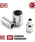 Heavy Duty 11 Piece 1/4 Inch Drive SAE Socket Set With Six Point Chrome Vanadium Heads And Z Drive Design with three chrome sockets.