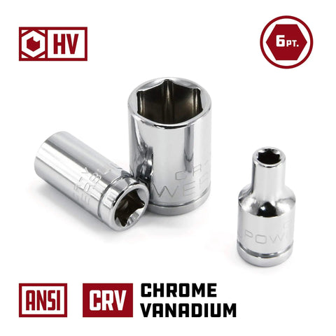 Heavy Duty 11 Piece 1/4 Inch Drive SAE Socket Set With Six Point Chrome Vanadium Heads And Z Drive Design with three chrome sockets.