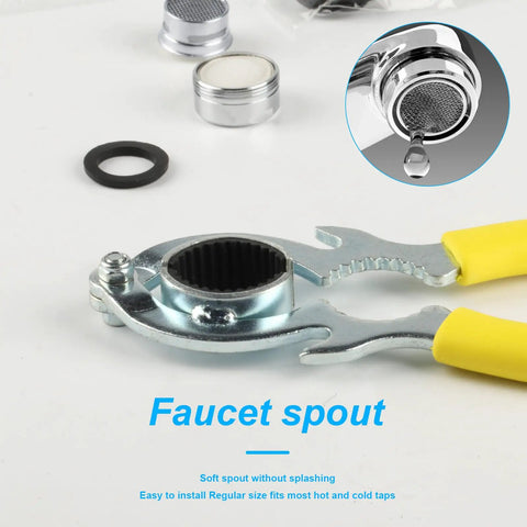 6 Piece Faucet Aerator Removal Wrench Kit Including Sink Bubbler Tools And M24 Adapter Nuts For Your Effortless Plumbing Upgrades showing brass pliers, faucet spout and fittings.