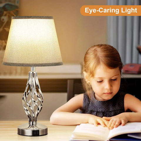 Two Pack Touch Table Lamps For Bedside With USB C Charging Ports, 3 Way Dimmable Table Lamps, girl reading by spiral cage base lamp
