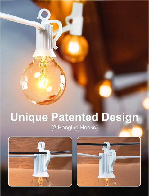 Outdoor String Lights 25 Feet G40 Globe Bulbs With 27 Edison Glass Bulbs Plus 2 Spares, close-up of bulb and hanging hooks.