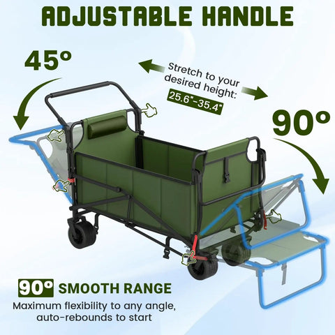 Heavy Duty Folding Wagon 2 In 1 Collapsible Cart Transforming Into Beach Chair With 650 Lb Capacity adjustable handle demonstration