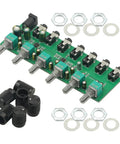 Six Channel Stereo Mixer Audio Distributor with Independent Volume Control, green circuit board, knobs, and metal connectors.