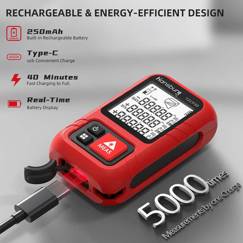 Portable Laser Tape Measure With 98 Ft Range And 8 In 1 Modes For Length Area Volume And Pythagorean Calculations IP65 Waterproof Rechargeable Real Time Laser Measurement Tool, red plastic, USB-C charging