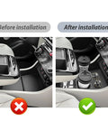 Before and after installation of 2025 2026 Hyundai Tucson Center Console Organizer Lower Tray With Cup Holder in limited edition.
